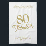 Elegantes Ornament 80 und fabelhafte 80. Geburtsta Geschirrtuch<br><div class="desc">Elegantes Ornament 80 und fabelhaftes Küchentuch 80. Geburtstag. 80 und fabelhaftes Sprichwort in trendigem goldfarbenem Drehbuch und einem Goldschmuck. Personalisieren Sie es mit Ihrem Namen und dem Alter.</div>