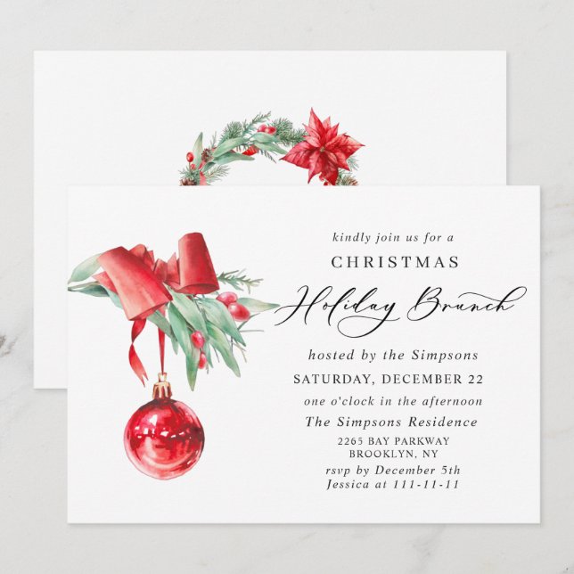 Elegantes Ornament CHRISTMAS HOLIDAY BRUNCH Einladung (Vorne/Hinten)