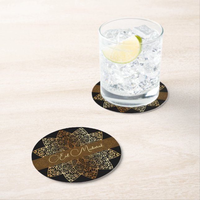 Elegantes Ornamental Gold und Black Eid Runder Pappuntersetzer (Vor Ort)