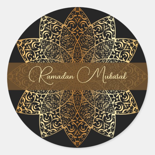 Elegantes Ornamental Gold und Black Ramadan Mubara Runder Aufkleber (Vorderseite)
