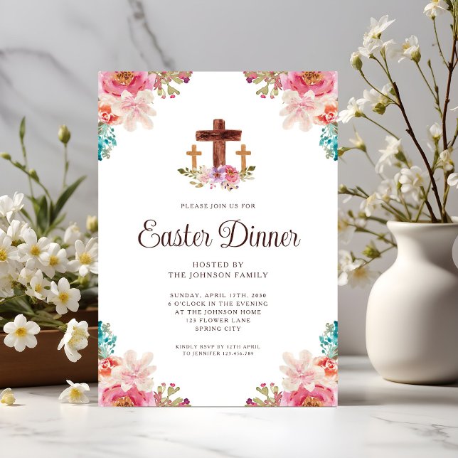 Elegantes Osterfest mit Flora Cross Einladung (Elegant Floral Cross Easter Dinner Invitation)