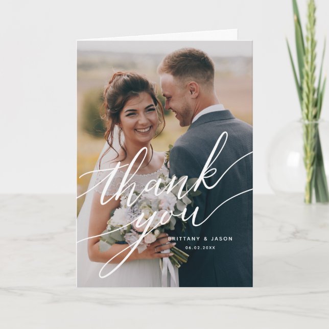 Elegantes Overlay-Skript-Hochzeitungs-Foto Dankeskarte (Vorderseite)