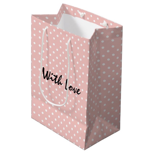 Elegantes Pachy Pink Polka Dot Muster mit Liebe Mittlere Geschenktüte (Vorderseite Schrägansicht)