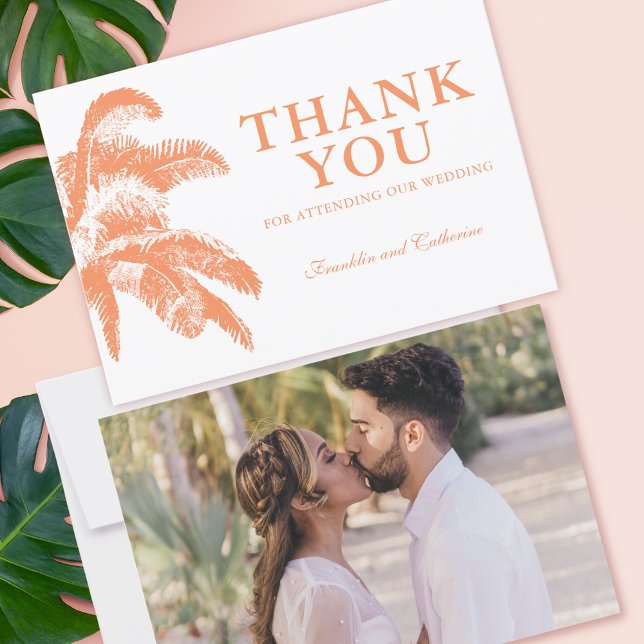 Elegantes Palm Tree Tropical Wedding Foto Dankeskarte (Vintage Boho Tropical Palm Photo Wedding Thank You Card)