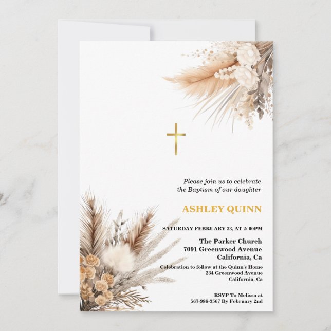 Elegantes Pampas Grass Cross Taufen & Christening Einladung (Vorderseite)