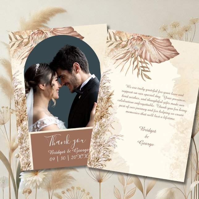 Elegantes Pampasgras und neutrales Boho-Hochzeitss Dankeskarte (Von Creator hochgeladen)