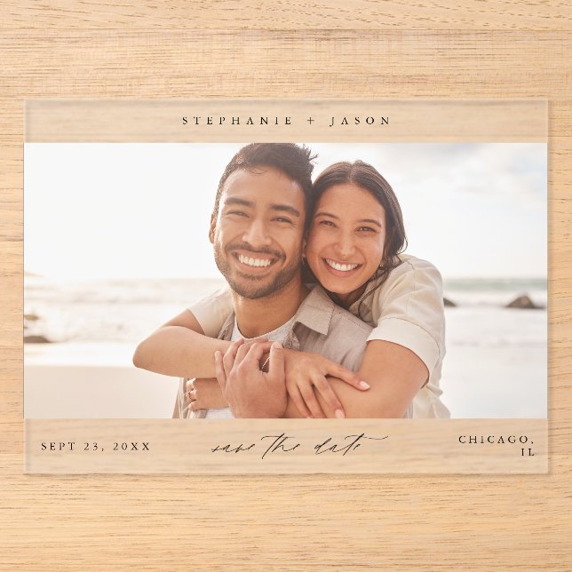 Elegantes Panorama-Foto Modernes Save the Date Acryleinladungen (Vorderseite)