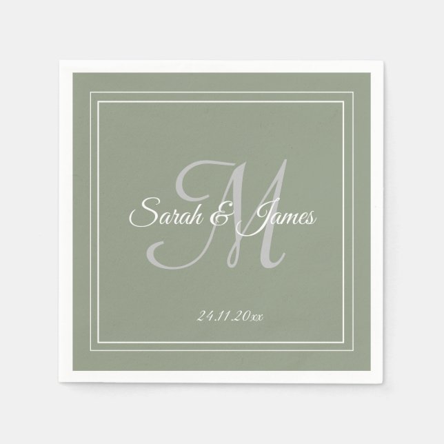 Elegantes Papier mit Grün und Weißes Monogramm Hoc Serviette (Vorderseite)