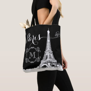 Elegantes Paris Eiffelturm Schwarz Weiß Monogramm Tasche