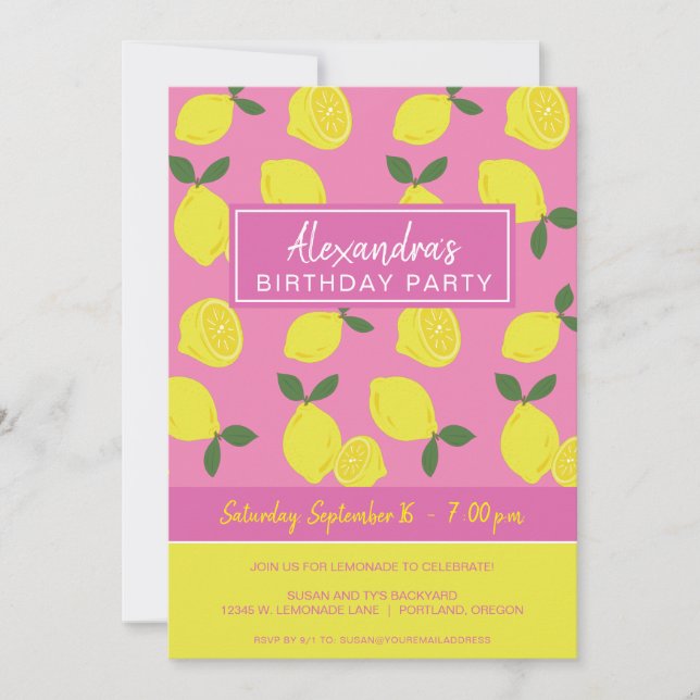 Elegantes Party aus rosa und gelben Zitronen Einladung (Vorderseite)
