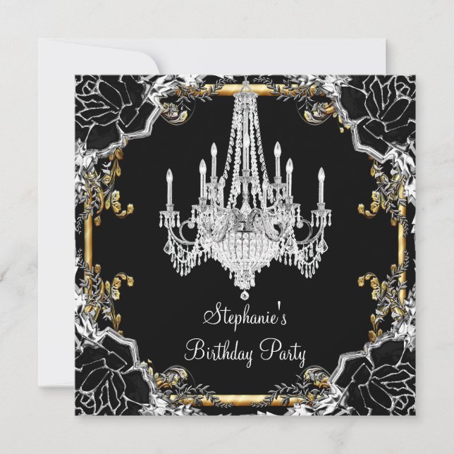 Elegantes Party Black Silver Gold Kristallleuchter Einladung (Vorderseite)