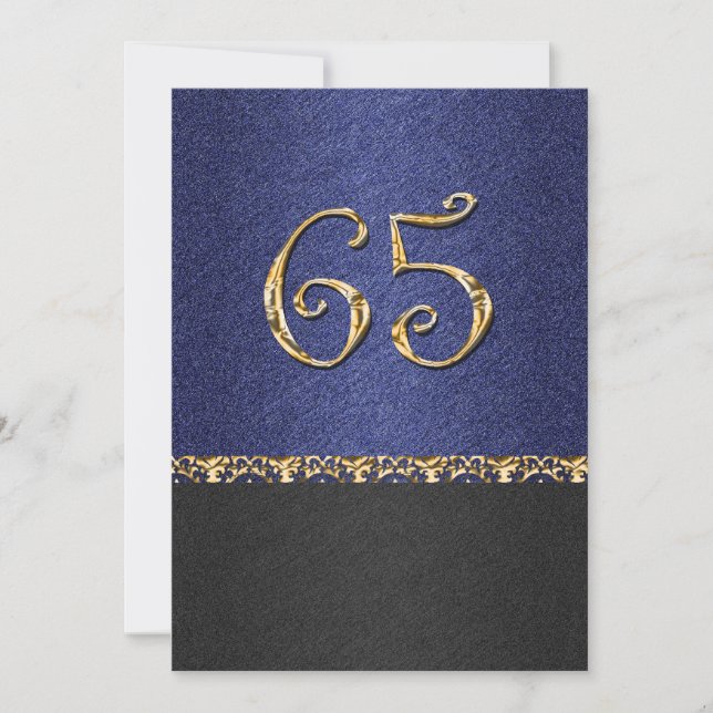 Elegantes Party des blauen Schwarzen 65. Gold Einladung (Vorderseite)