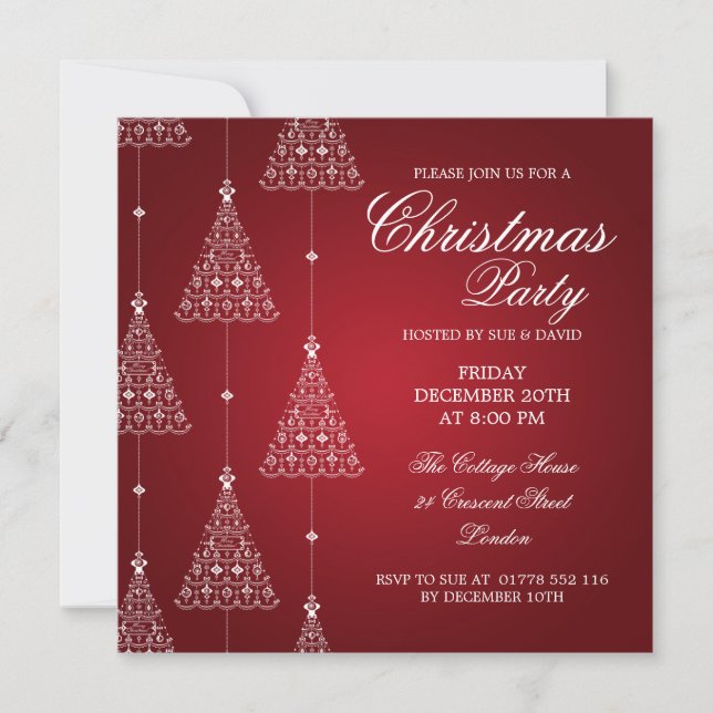 Elegantes Party-fröhliche Weihnachtsbäume rot Einladung (Vorderseite)