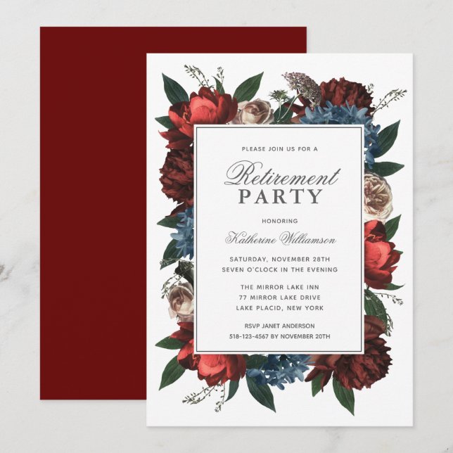 Elegantes Party für Blumenruhestand Einladung (Vorne/Hinten)