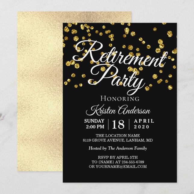 Elegantes Party für moderne Gold-Glitzern-Renten Einladung (Vorne/Hinten)