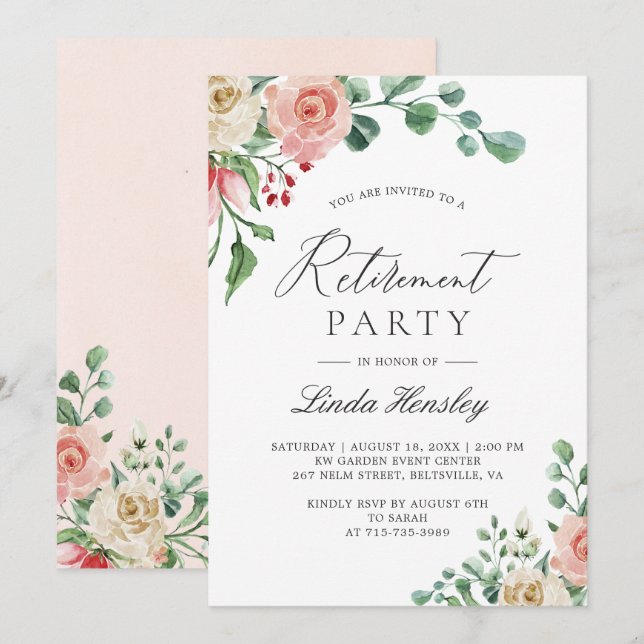Elegantes Party für Wasserfarben Rose Blumenbesitz Einladung (Vorne/Hinten)