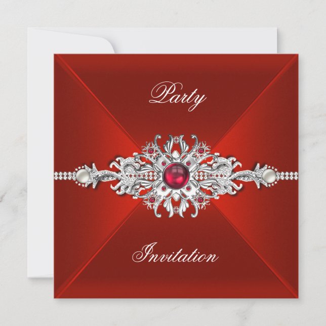 Elegantes Party Jeden Anlaß Red Silver Jewel Einladung (Vorderseite)
