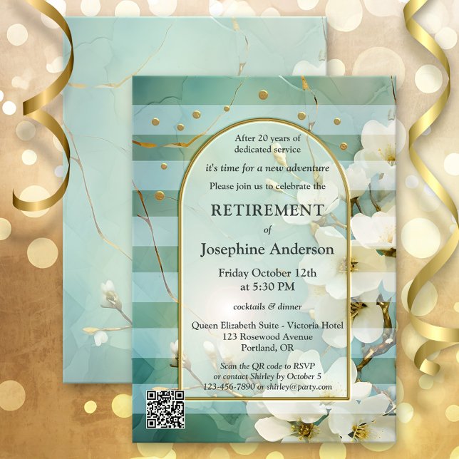 Elegantes Party mit floralen Wasserfarben Einladung (Retirement party invitation featuring watercolor flowers on a retro striped design in teal and gold)