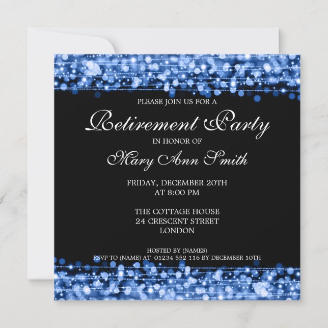 Elegantes Party Pension Blue Glitzern Einladung (Vorderseite)