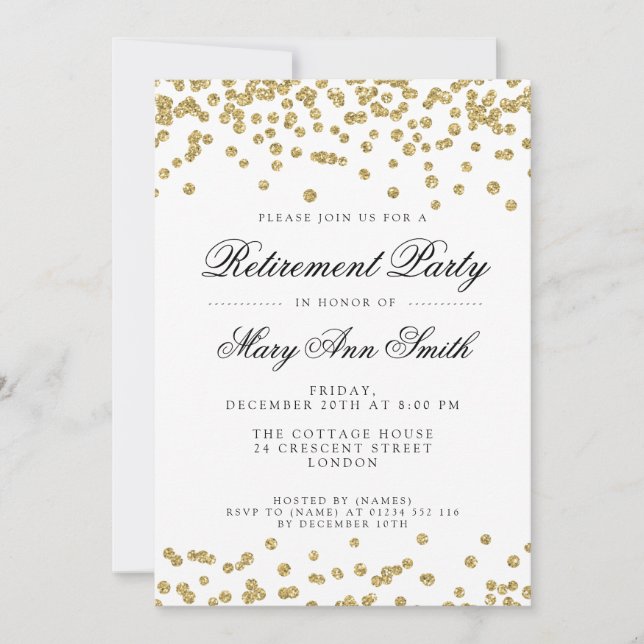 Elegantes Party Pension Gold Glitzer Confetti Einladung (Vorderseite)