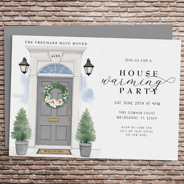 Elegantes Party Watercolor Housewarming Einladung (Grey Door Housewarming Party Invite)