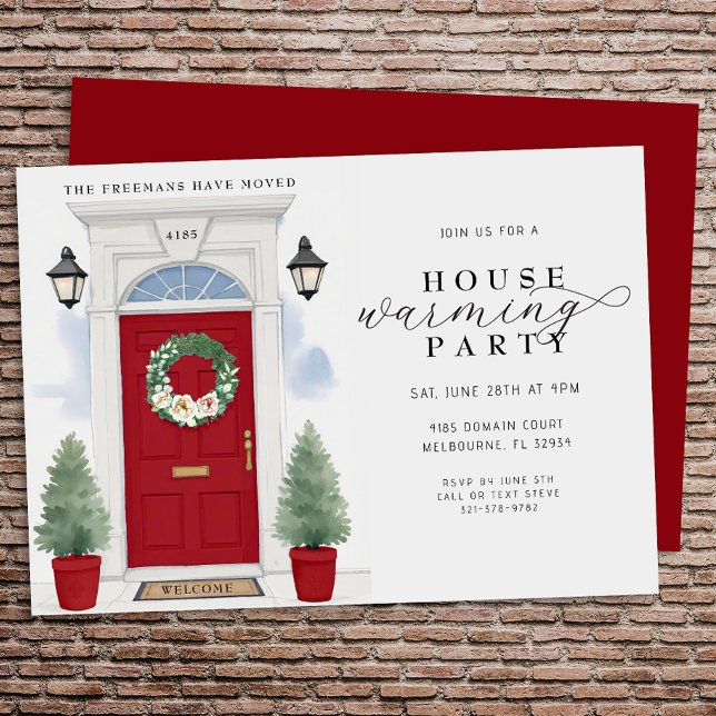 Elegantes Party Watercolor Housewarming Einladung (Housewarming Party Invite - Red Door)