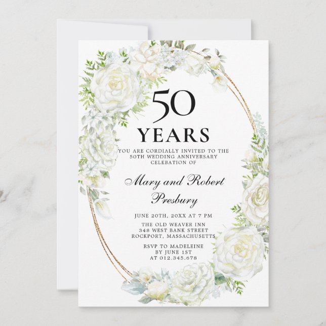Elegantes Party zum 50. Jubiläum Weiße Rosenblüte Einladung (Vorderseite)