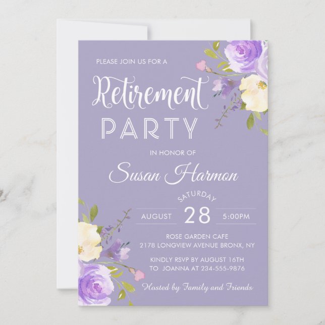 Elegantes Pastel Lila Party für die Blumenruhestät Einladung (Vorderseite)