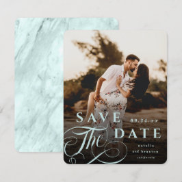 Elegantes Pastel Mint Typografy & Marble Back Foto Save The Date