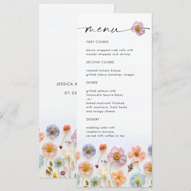 Elegantes Pastel Pink Boho Wildblume Wedding Menu Einladung (Vorne/Hinten)