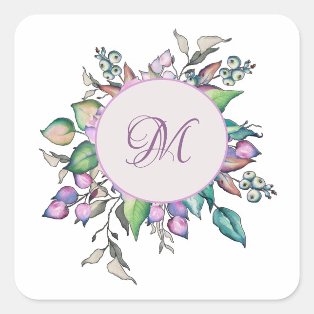 Elegantes, pastelfarbenes Monogramm Quadratischer Aufkleber (Vorderseite)