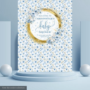 Elegantes Pastellblau-Gold-Blumen-Babyshower-Banne Wandteppich