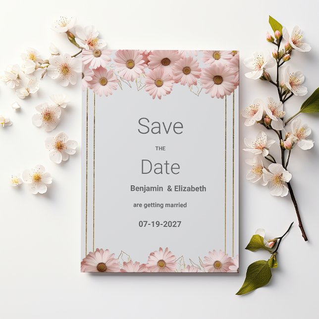 Elegantes pastellgraues Rosa Goldmedaille Save the Einladung (Elegant pastel gray pink gold daisy Save the Date )