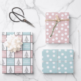 Elegantes Pastellrosa und blaues Weihnachtsmuster Geschenkpapier Set