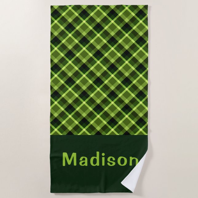 Elegantes Pea Green Kariert Monogram Beach Handtuc Strandtuch (Vorderseite)