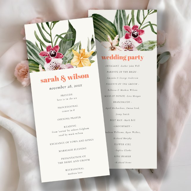 Elegantes Peach Blush Boho Tropical Floral Program Einladung (Von Creator hochgeladen)