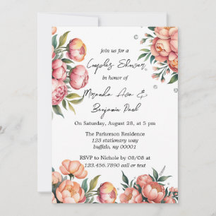 Elegantes Peach Bouquet mit Diamonds Couples Dusch Einladung