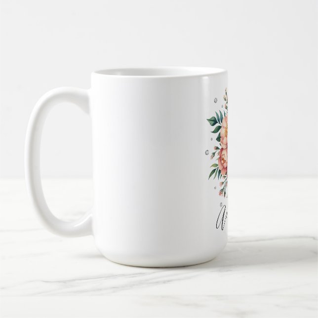 Elegantes Peach Bouquet mit Diamonds Wedding Kaffeetasse (Links)