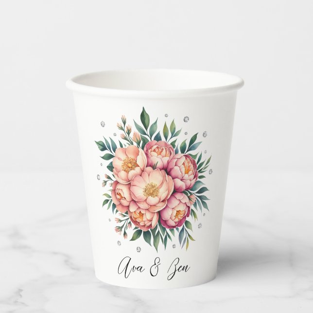 Elegantes Peach Bouquet mit Diamonds Wedding Pappbecher (Vorderseite)