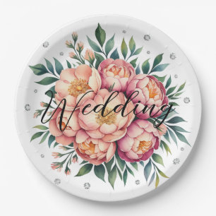 Elegantes Peach Bouquet mit Diamonds Wedding Pappteller