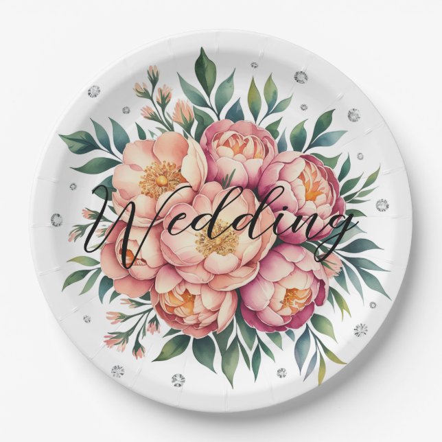 Elegantes Peach Bouquet mit Diamonds Wedding Pappteller (Vorderseite)