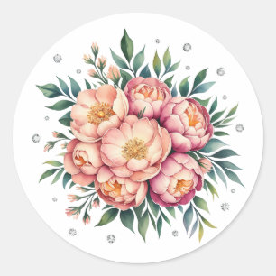 Elegantes Peach Bouquet mit Diamonds Wedding Runder Aufkleber