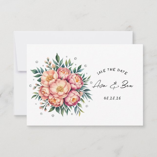 Elegantes Peach Bouquet mit Diamonds Wedding Save The Date (Vorderseite)