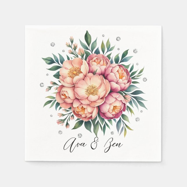 Elegantes Peach Bouquet mit Diamonds Wedding Serviette (Vorderseite)
