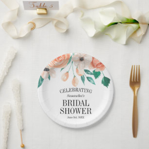 Elegantes Peach Floral Brautparty Personalisiert Pappteller