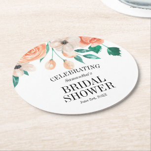 Elegantes Peach Floral Brautparty Personalisiert Runder Pappuntersetzer
