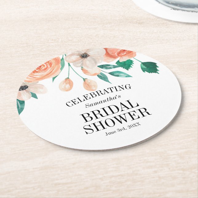Elegantes Peach Floral Brautparty Personalisiert Runder Pappuntersetzer (Angewinkelt)