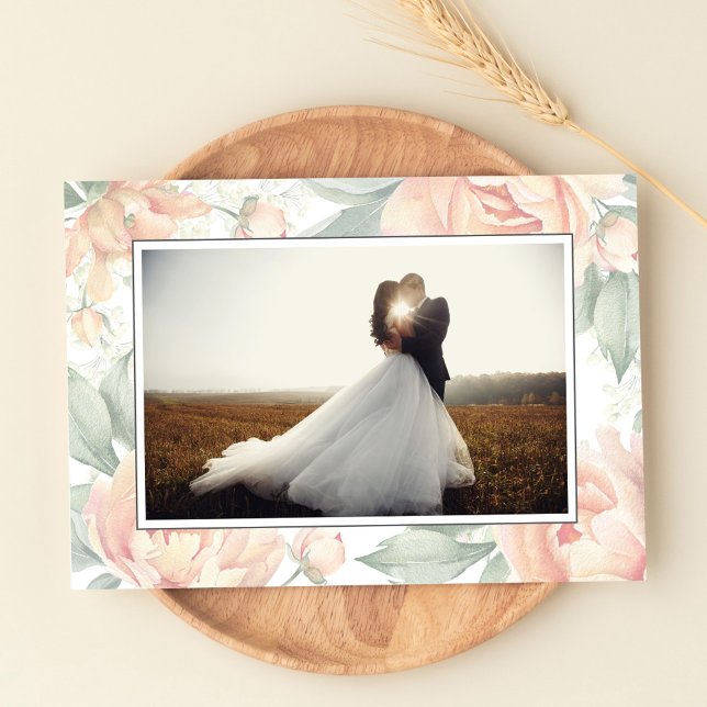 Elegantes Peach Floral Wedding Foto Dankeskarte (Von Creator hochgeladen)
