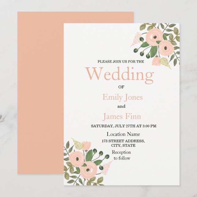 Elegantes Peach Floral Wedding Invitation Set Einladung (Vorne/Hinten)