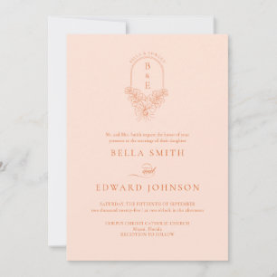 Elegantes Peach Fuzz Floral Familienwappen Hochzei Einladung